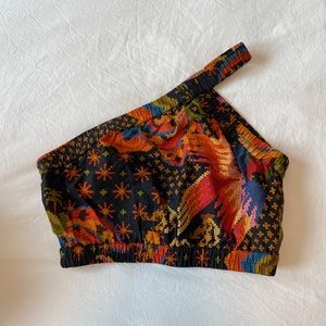 Farm Rio Black Tropical Asymmetrical One Shoulder Crop Top